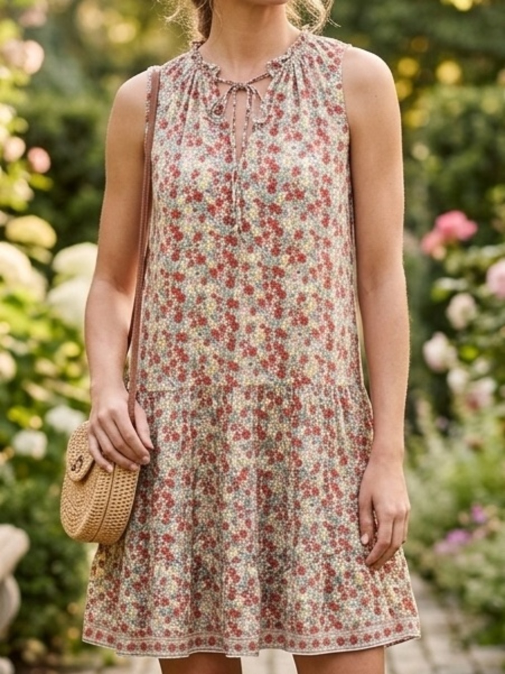 Max Studio Floral Tie-Neck Midi Dress in Yellow and Red